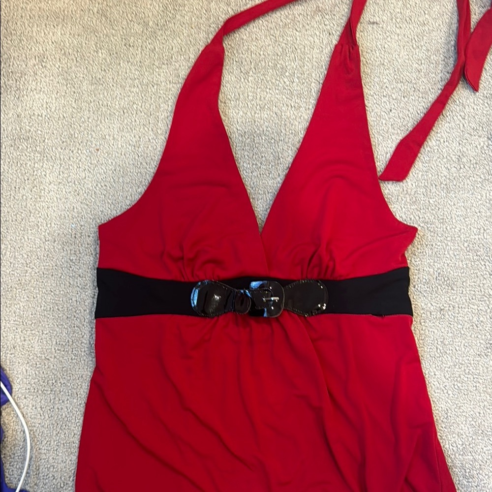 Red Halter Top with Black Belt Accent